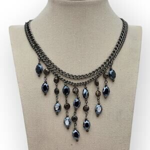Midnight Blue Crystal Drop Statement Necklace Dark Silver Dark Romantic Gothic